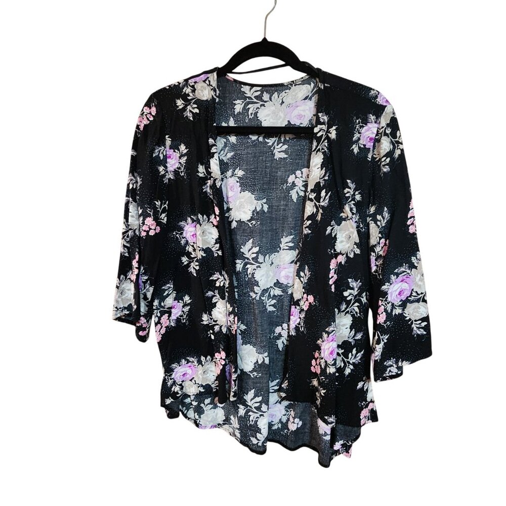 Floral Open Front Black Kimono Cardigan With 3/4 Sleeves Lightweight Womens Top
